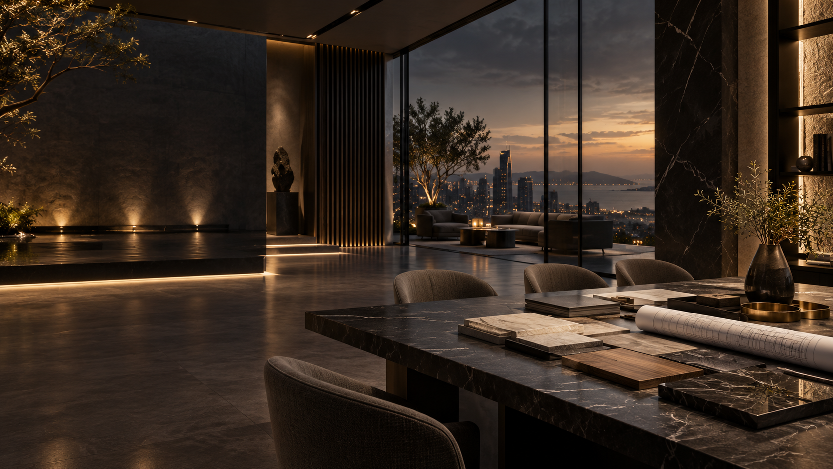 Premium architectural materials studio overlooking a city at dusk