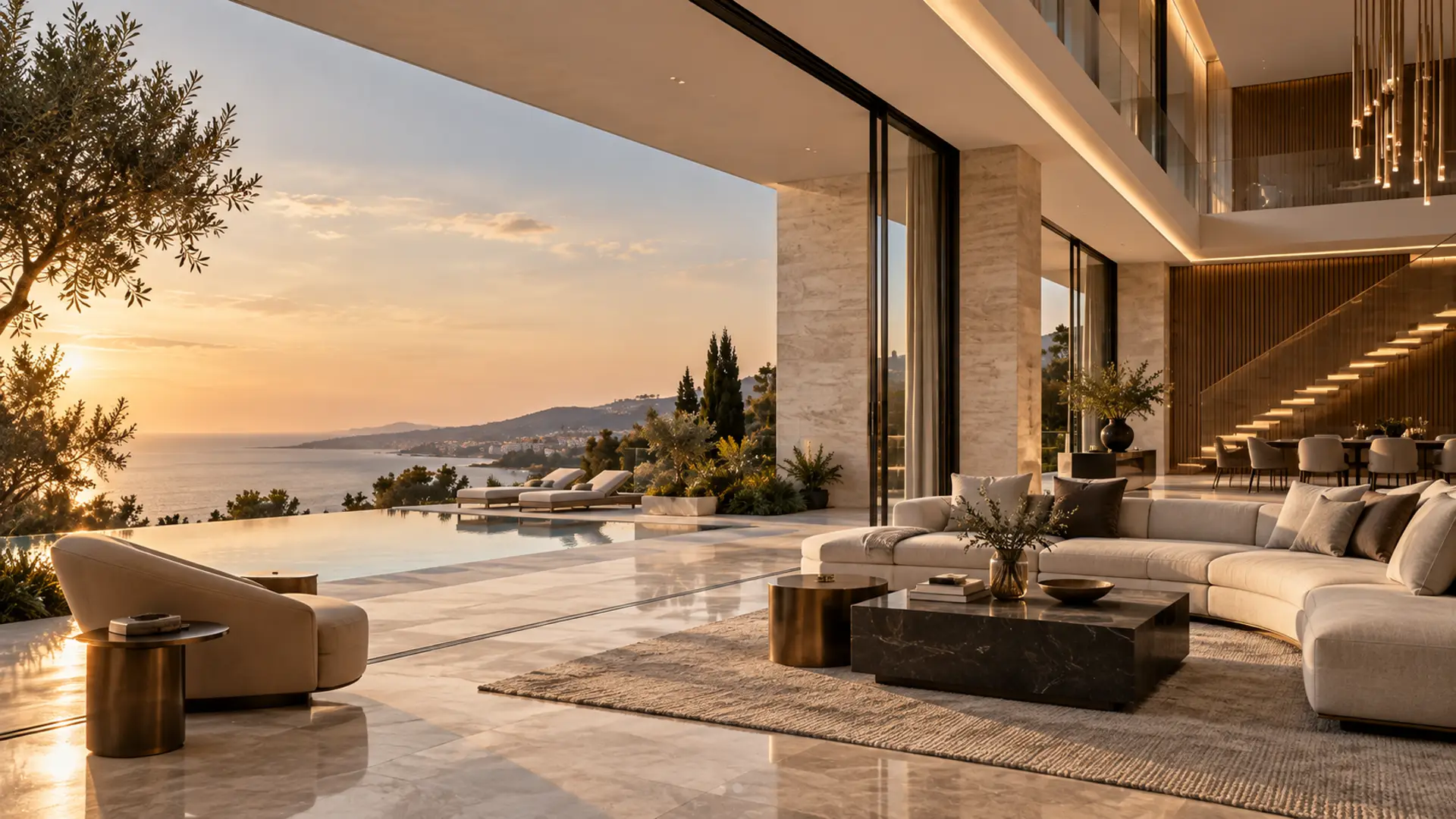 Luxury open-plan interior with marble flooring and sea view